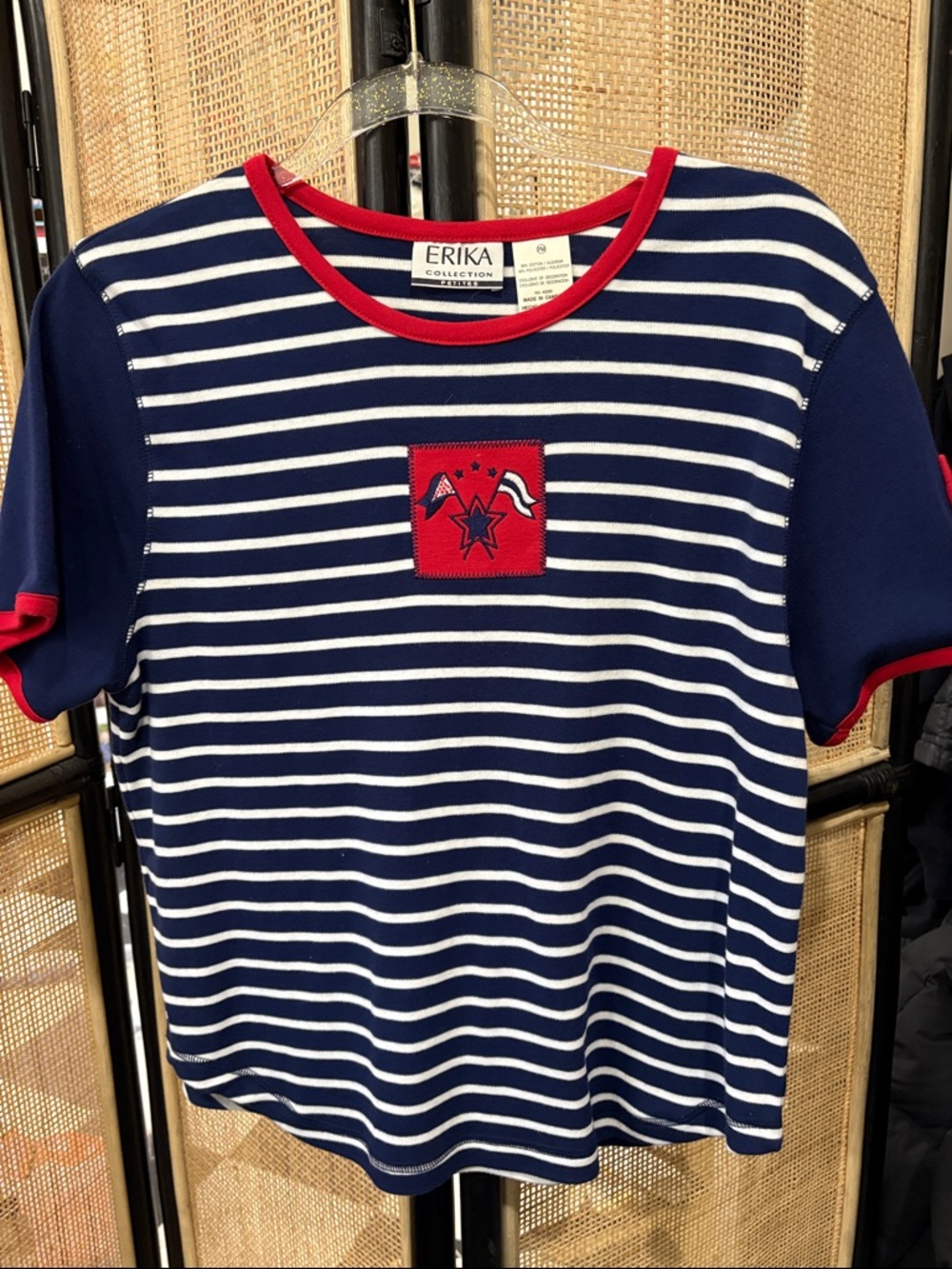 ERIKA PATRIOTIC PRINT TOP Striped Tee w/Navy/White Stripe Red Trim Petite Medium